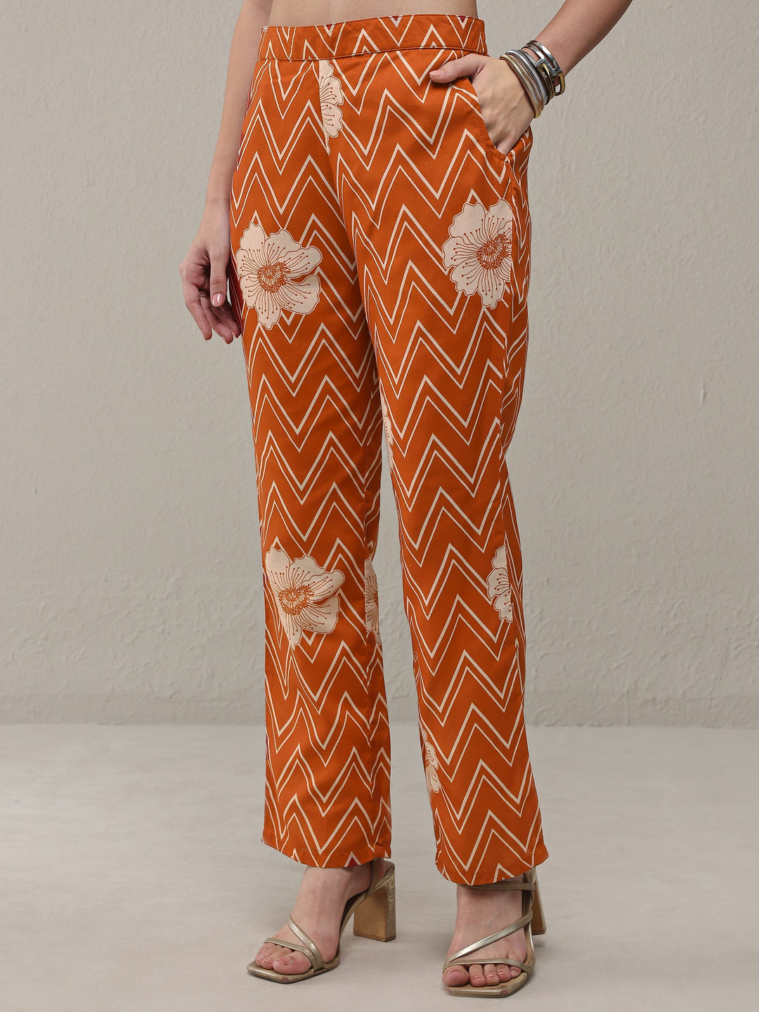 Libas Orange Chevron Printed Cotton Blend Straight Kurta Set