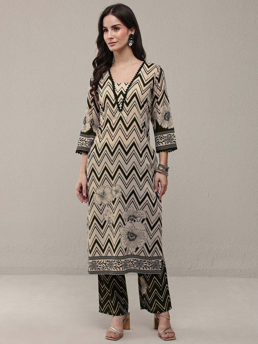 Libas Black Chevron Printed Cotton Blend Straight Kurta Set