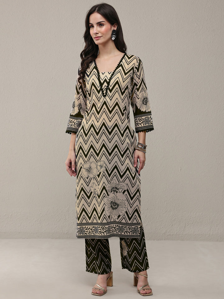 Libas Black Chevron Printed Cotton Blend Straight Kurta Set