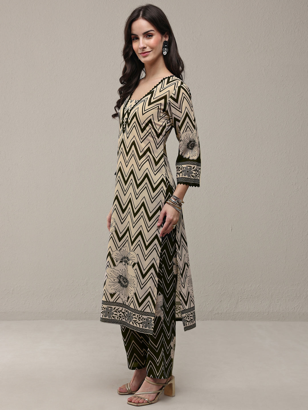 Libas Black Chevron Printed Cotton Blend Straight Kurta Set