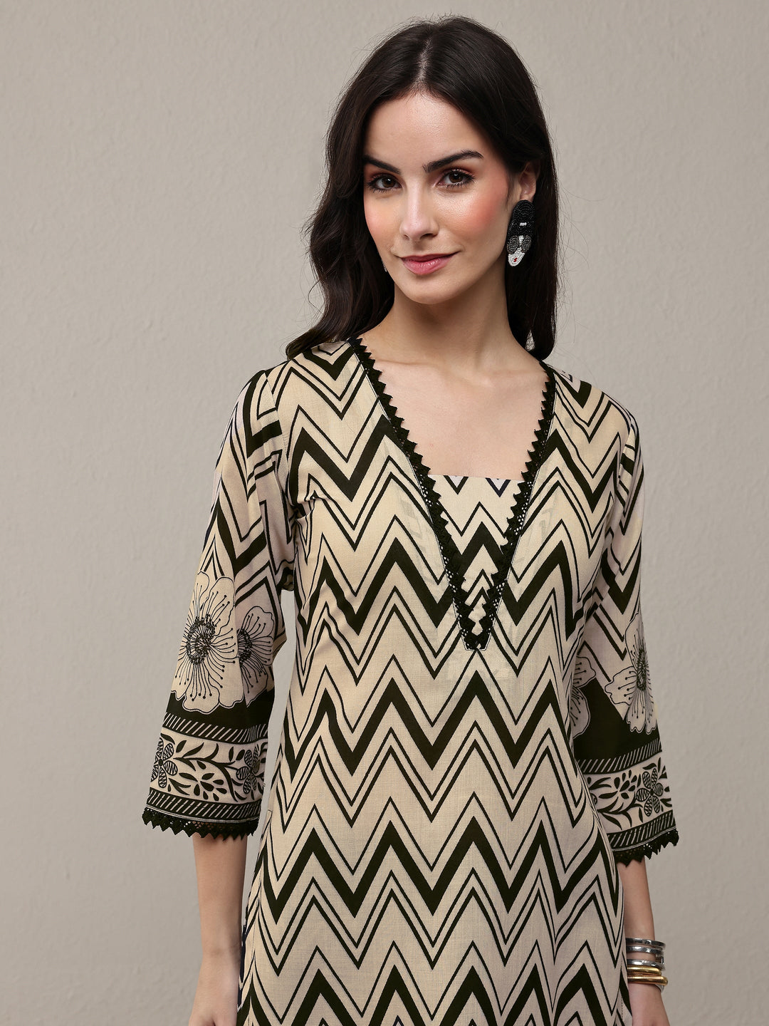 Libas Black Chevron Printed Cotton Blend Straight Kurta Set