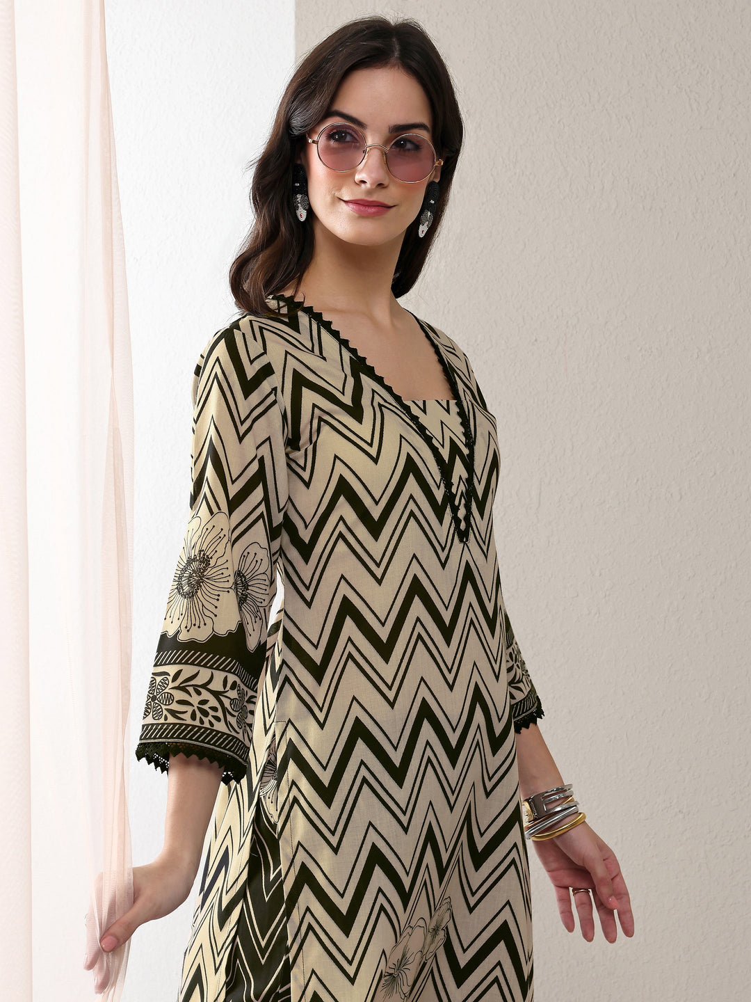Libas Black Chevron Printed Cotton Blend Straight Kurta Set