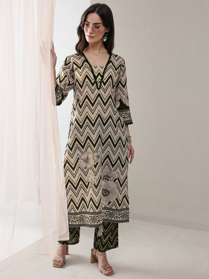 Libas Black Chevron Printed Cotton Blend Straight Kurta Set