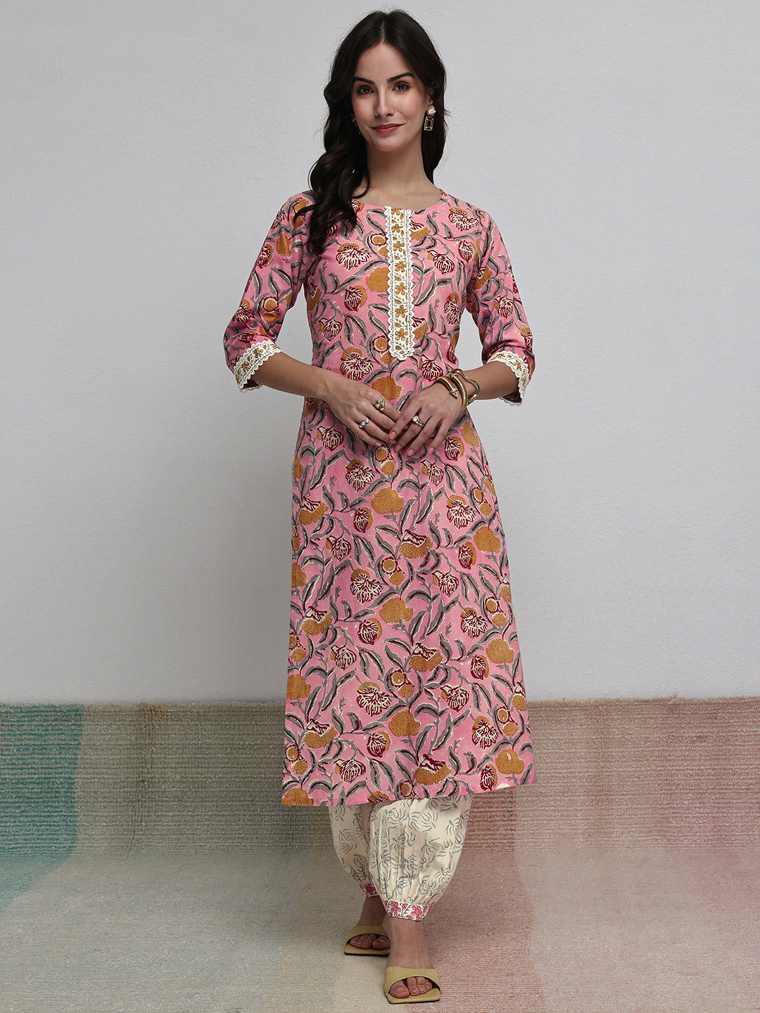 Libas Pink Floral Printed Cotton Straight Kurta Set