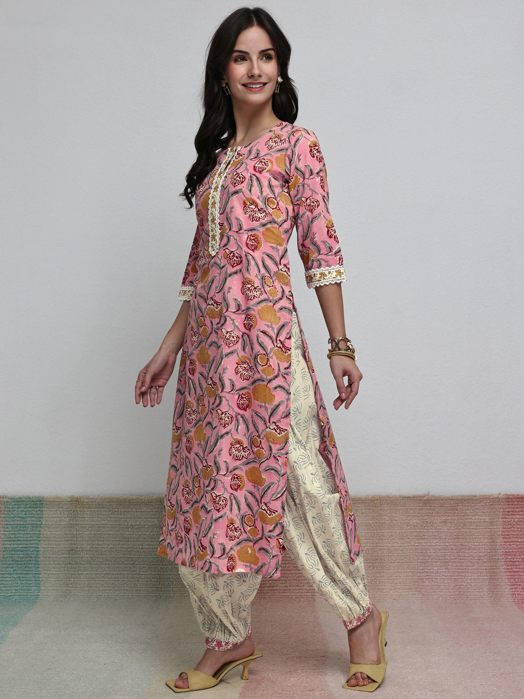 Libas Pink Floral Printed Cotton Straight Kurta Set