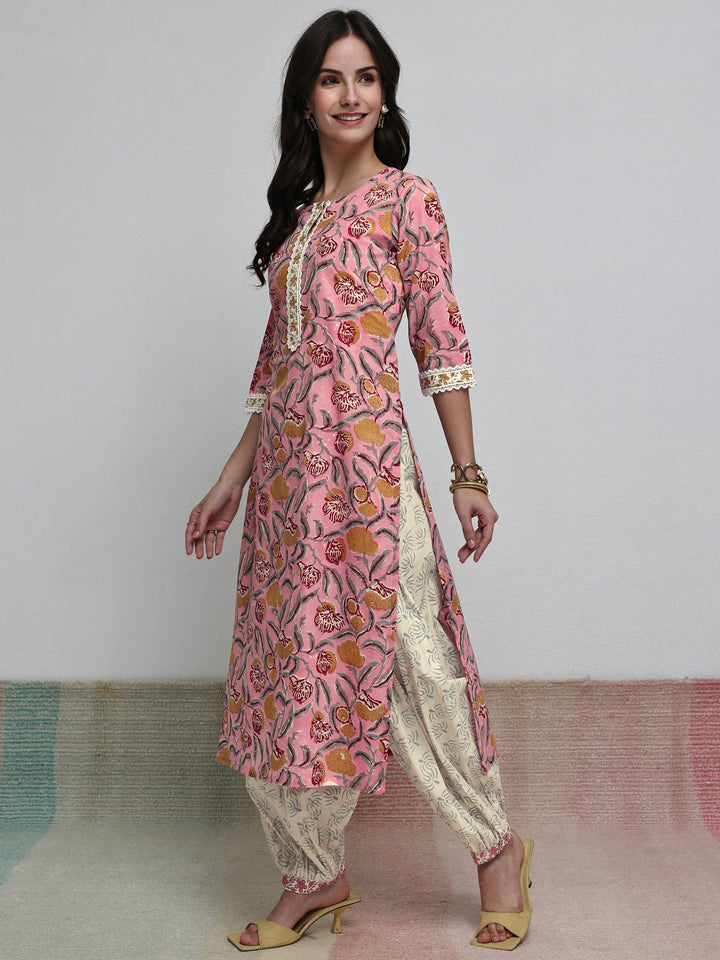 Libas Pink Floral Printed Cotton Straight Kurta Set