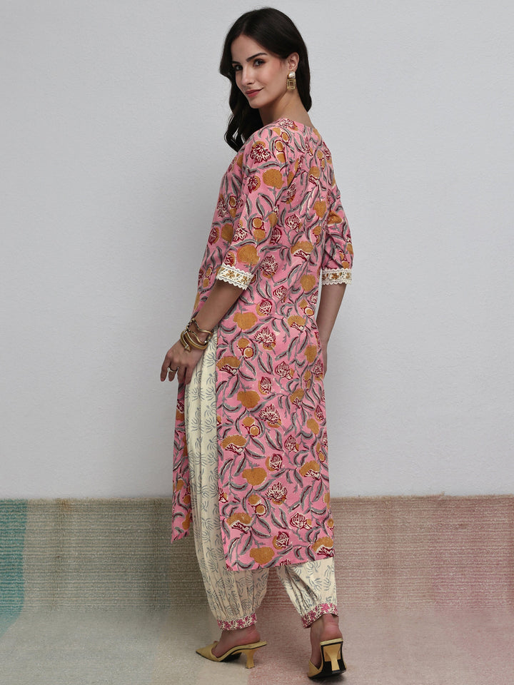 Libas Pink Floral Printed Cotton Straight Kurta Set
