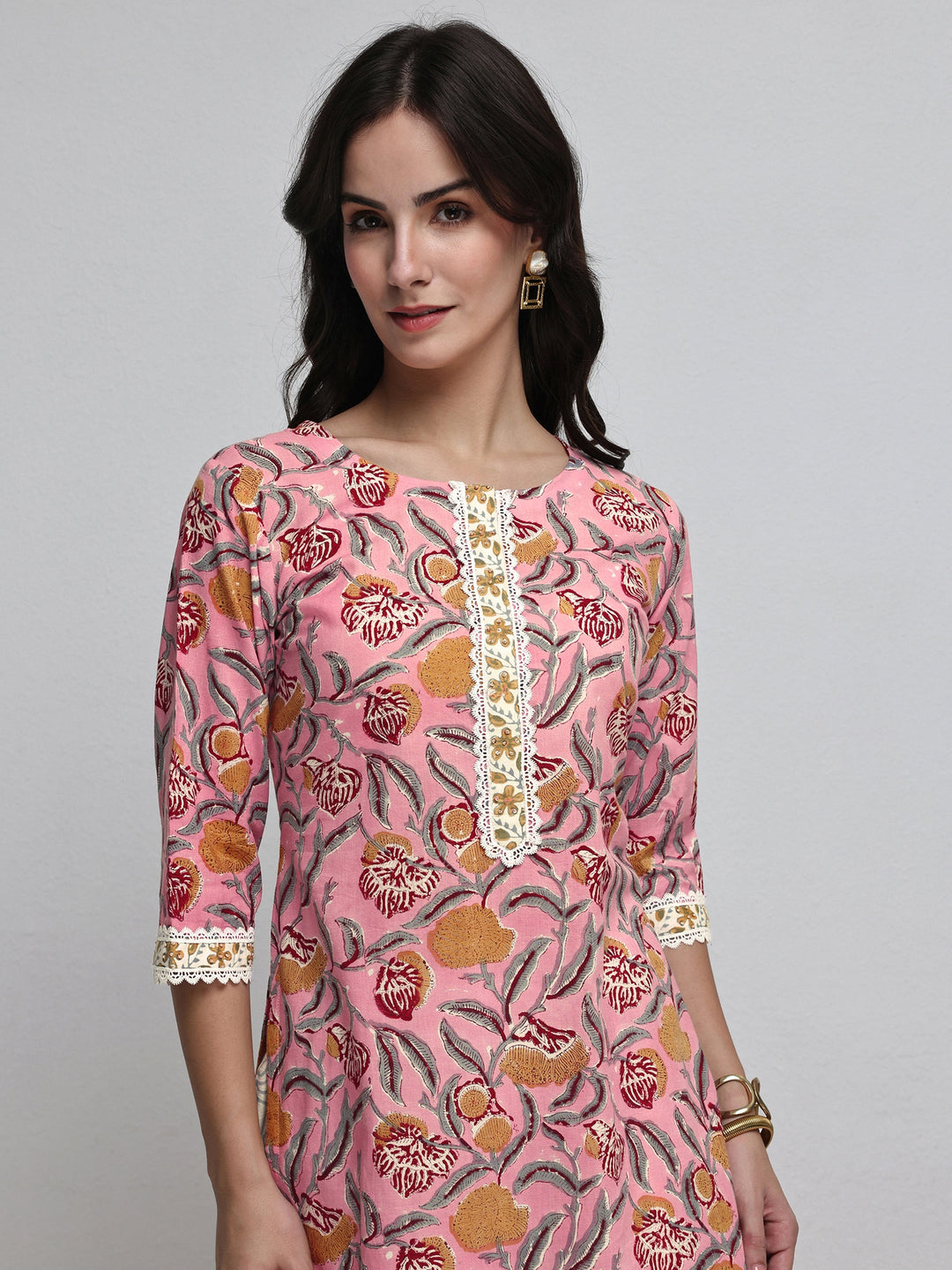 Libas Pink Floral Printed Cotton Straight Kurta Set