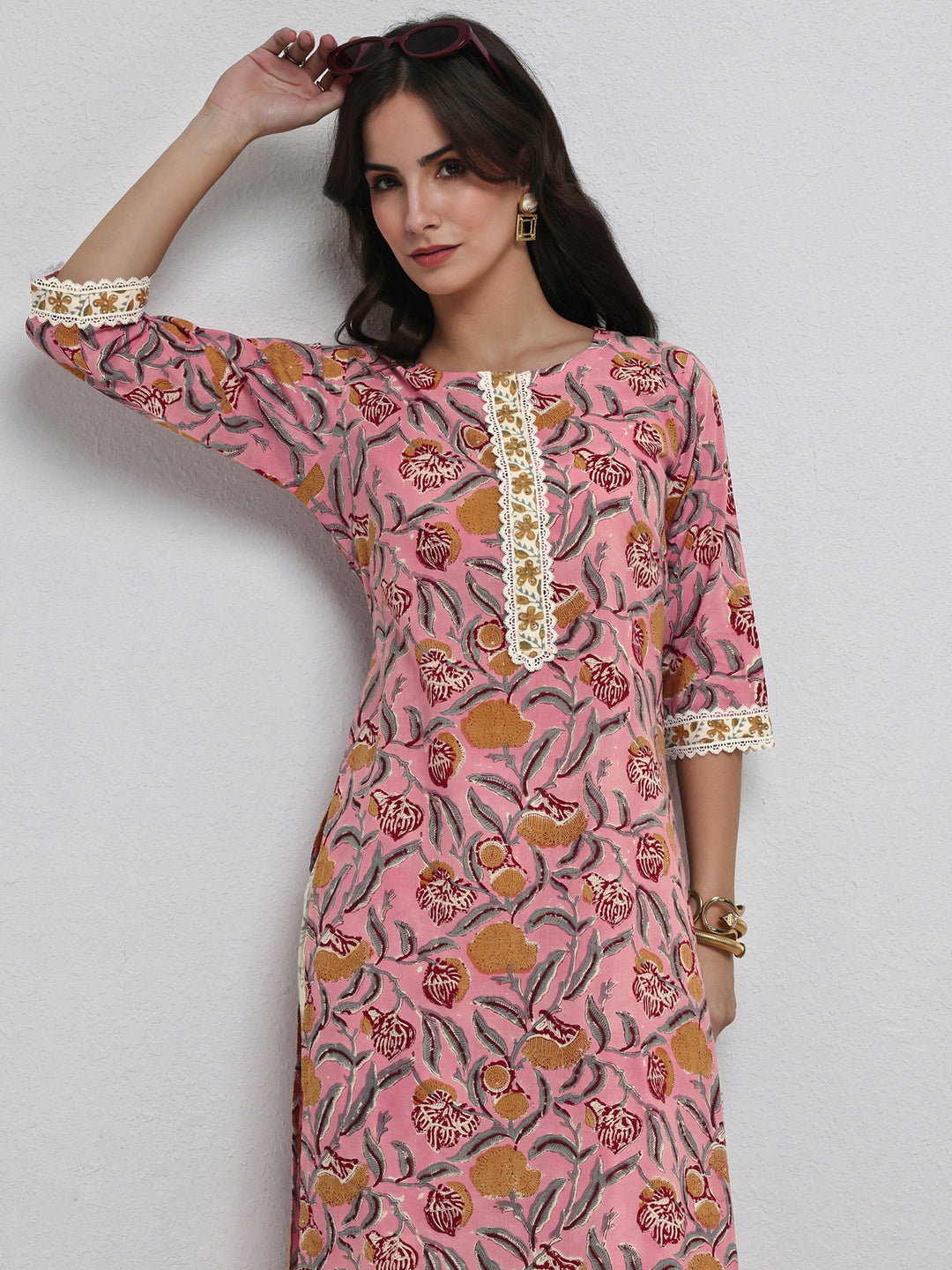 Libas Pink Floral Printed Cotton Straight Kurta Set