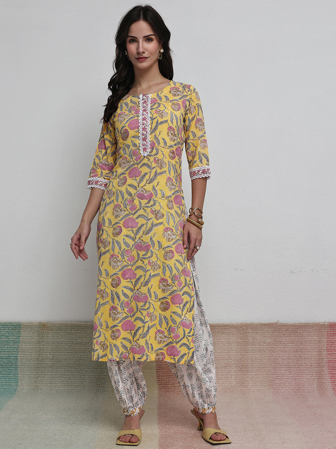 Libas Yellow Floral Printed Cotton Straight Kurta Set