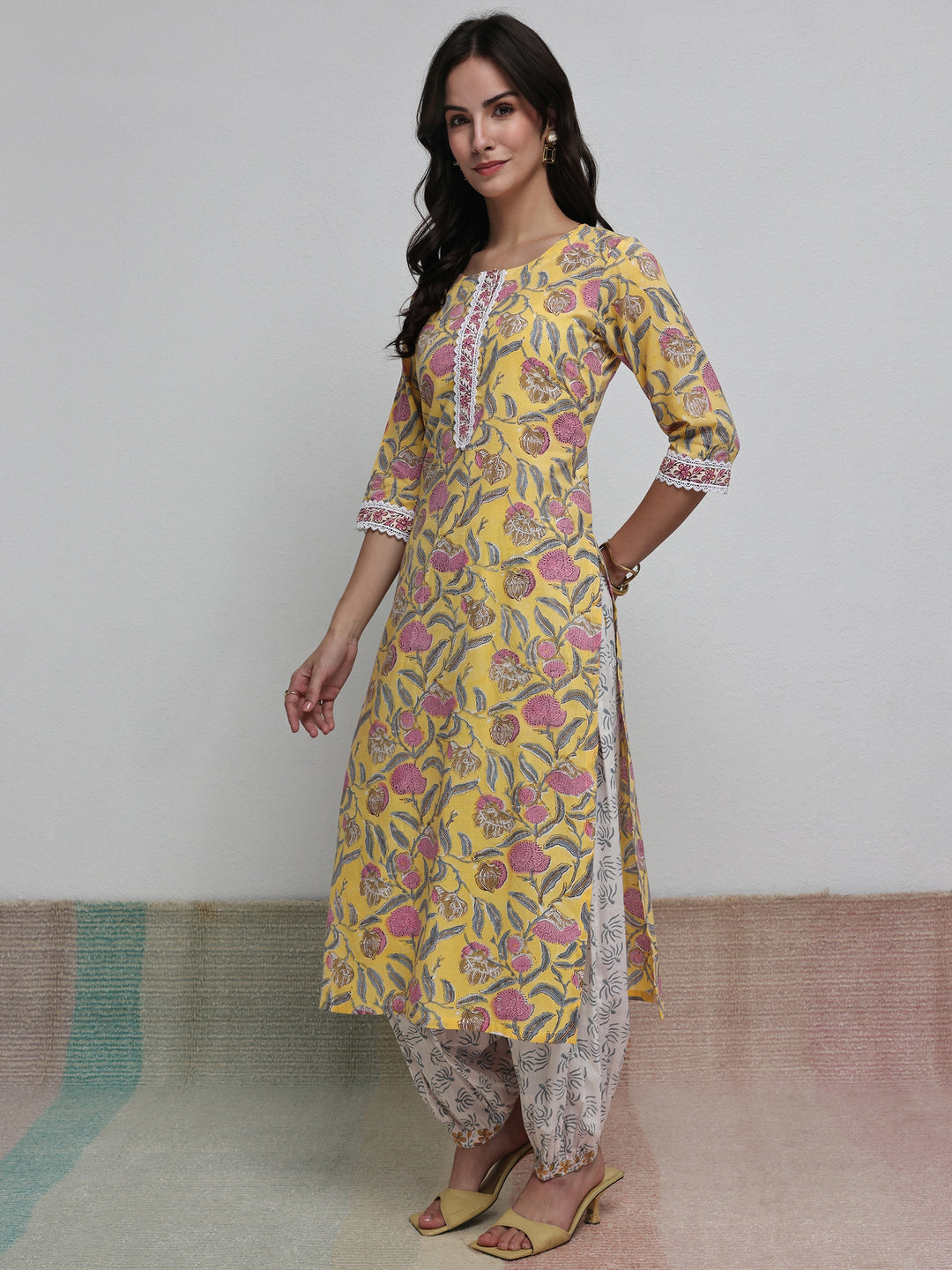 Libas Yellow Floral Printed Cotton Straight Kurta Set