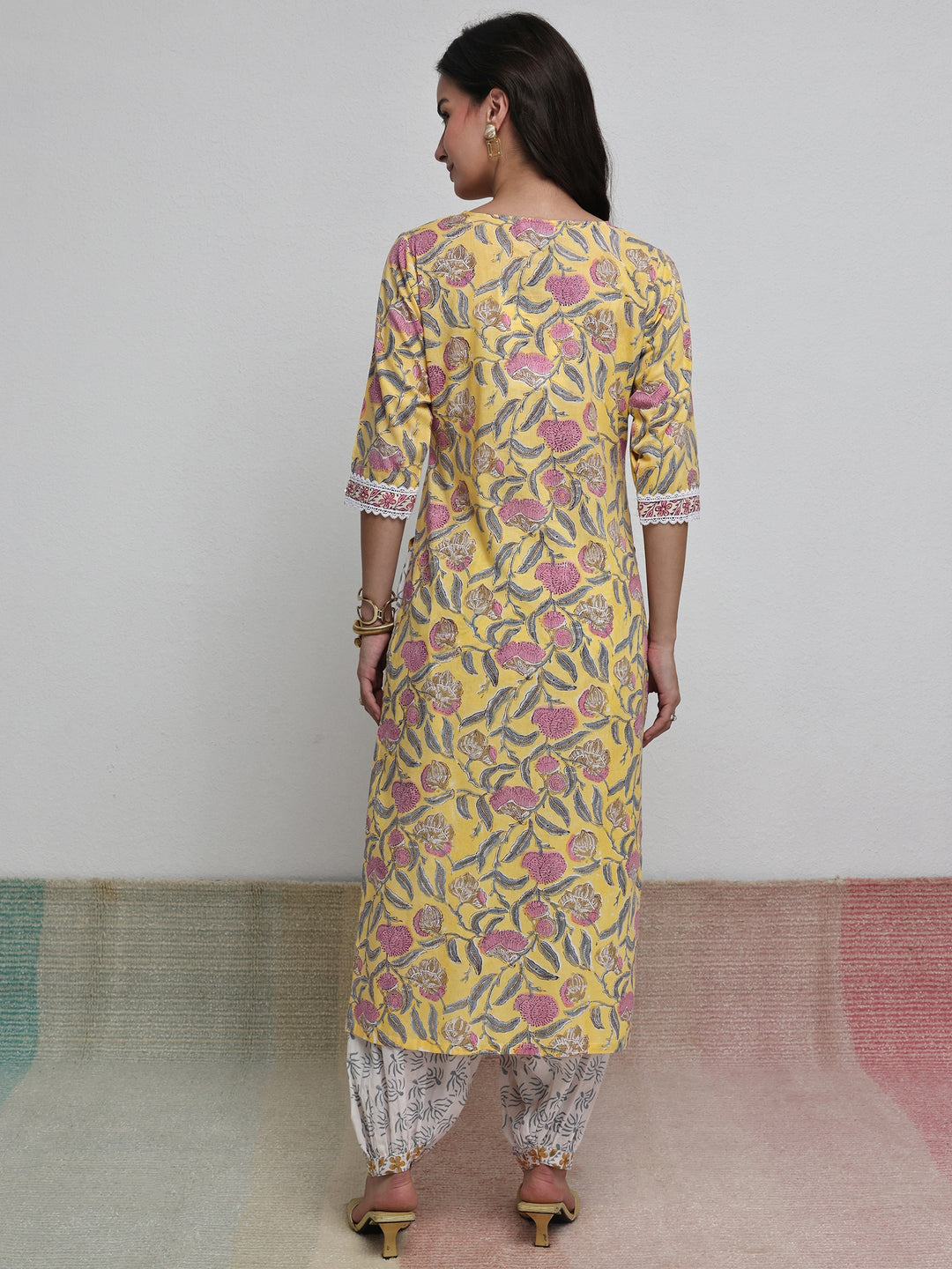 Libas Yellow Floral Printed Cotton Straight Kurta Set