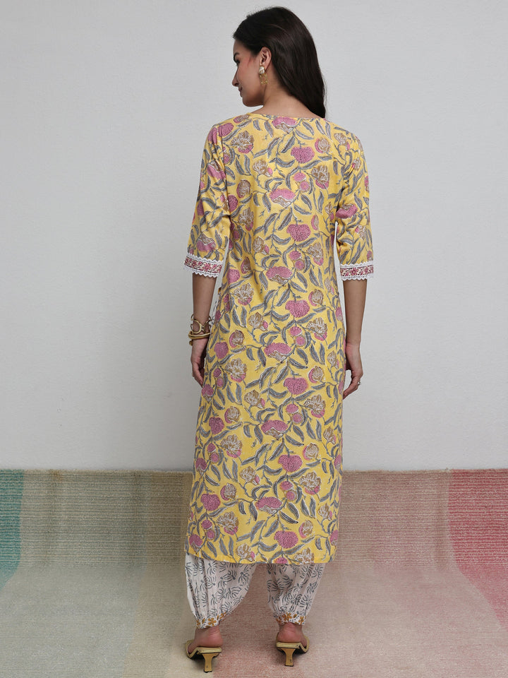 Libas Yellow Floral Printed Cotton Straight Kurta Set