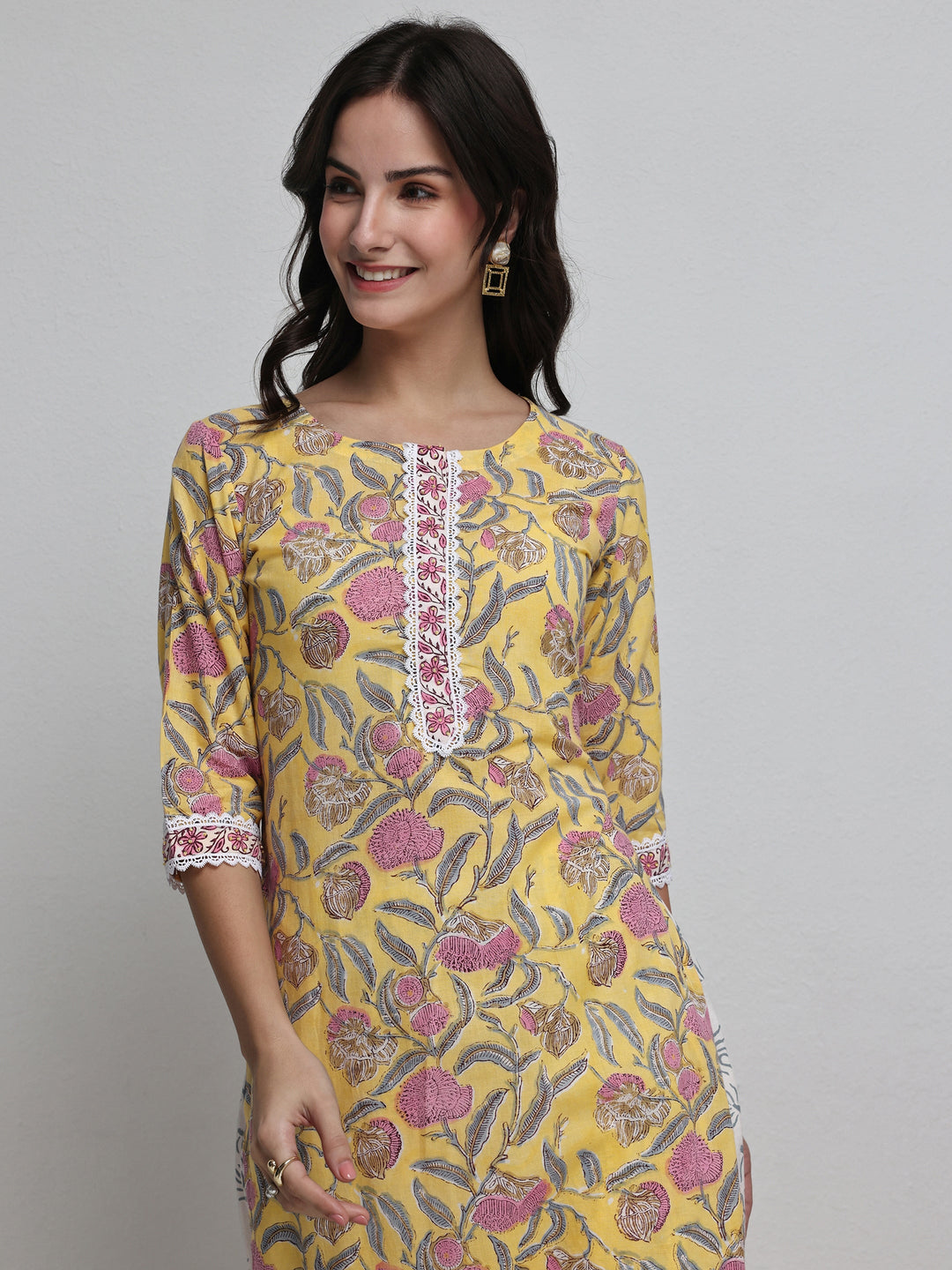 Libas Yellow Floral Printed Cotton Straight Kurta Set