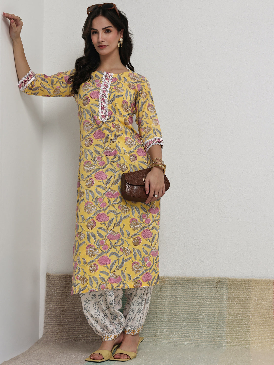 Libas Yellow Floral Printed Cotton Straight Kurta Set