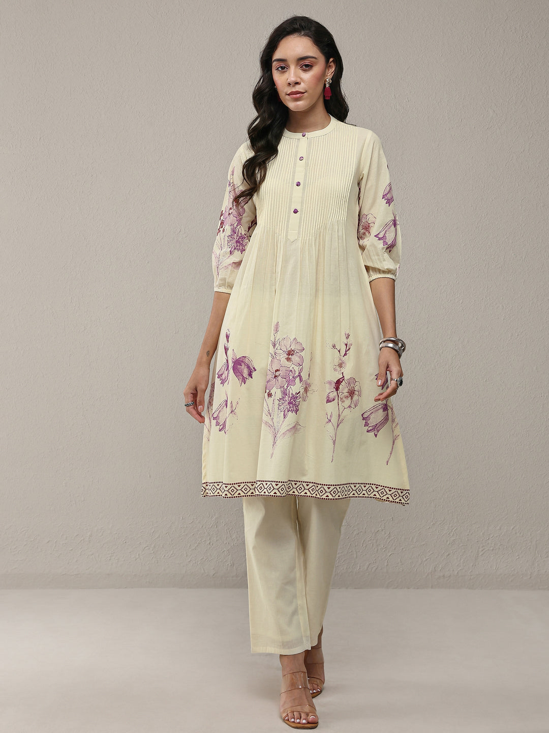 Off White Floral Printed Cotton A-Line Kurta Set