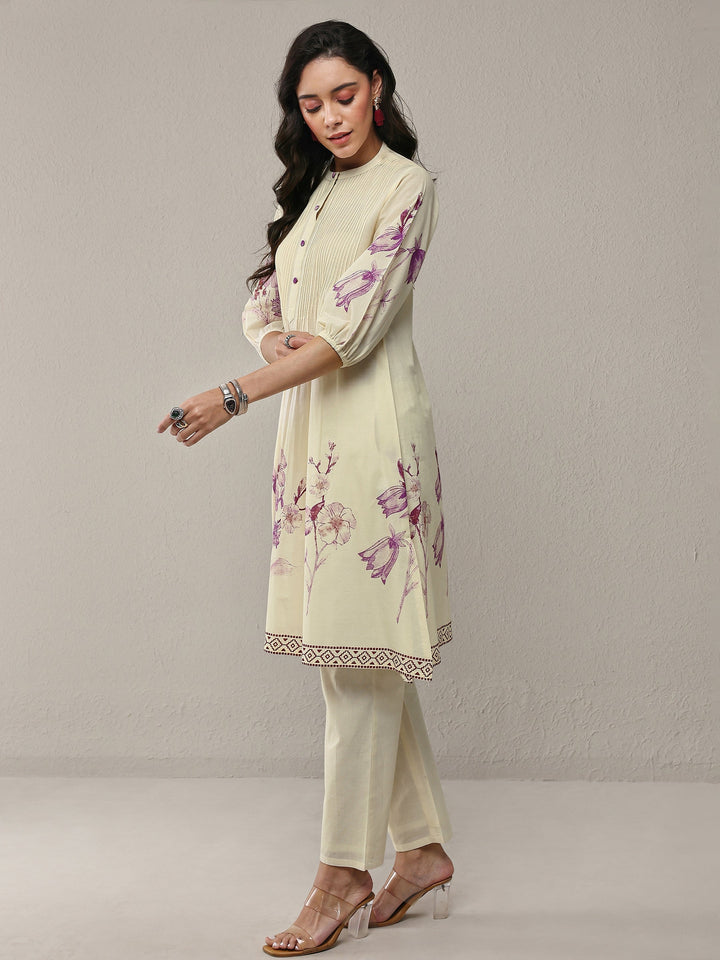 Off White Floral Printed Cotton A-Line Kurta Set