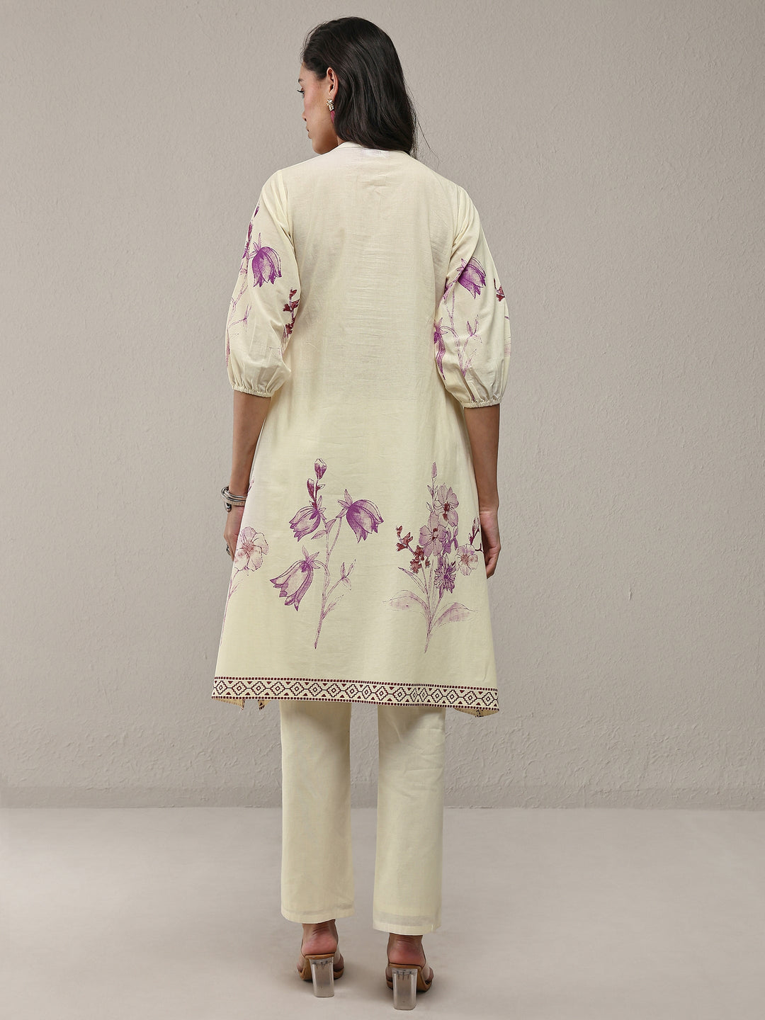Off White Floral Printed Cotton A-Line Kurta Set