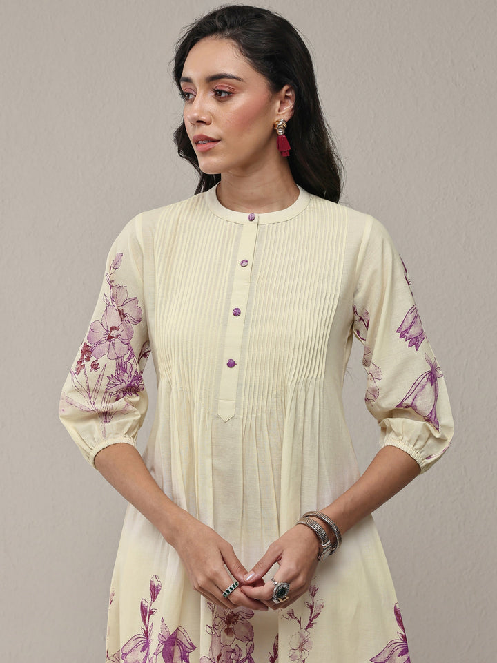 Off White Floral Printed Cotton A-Line Kurta Set