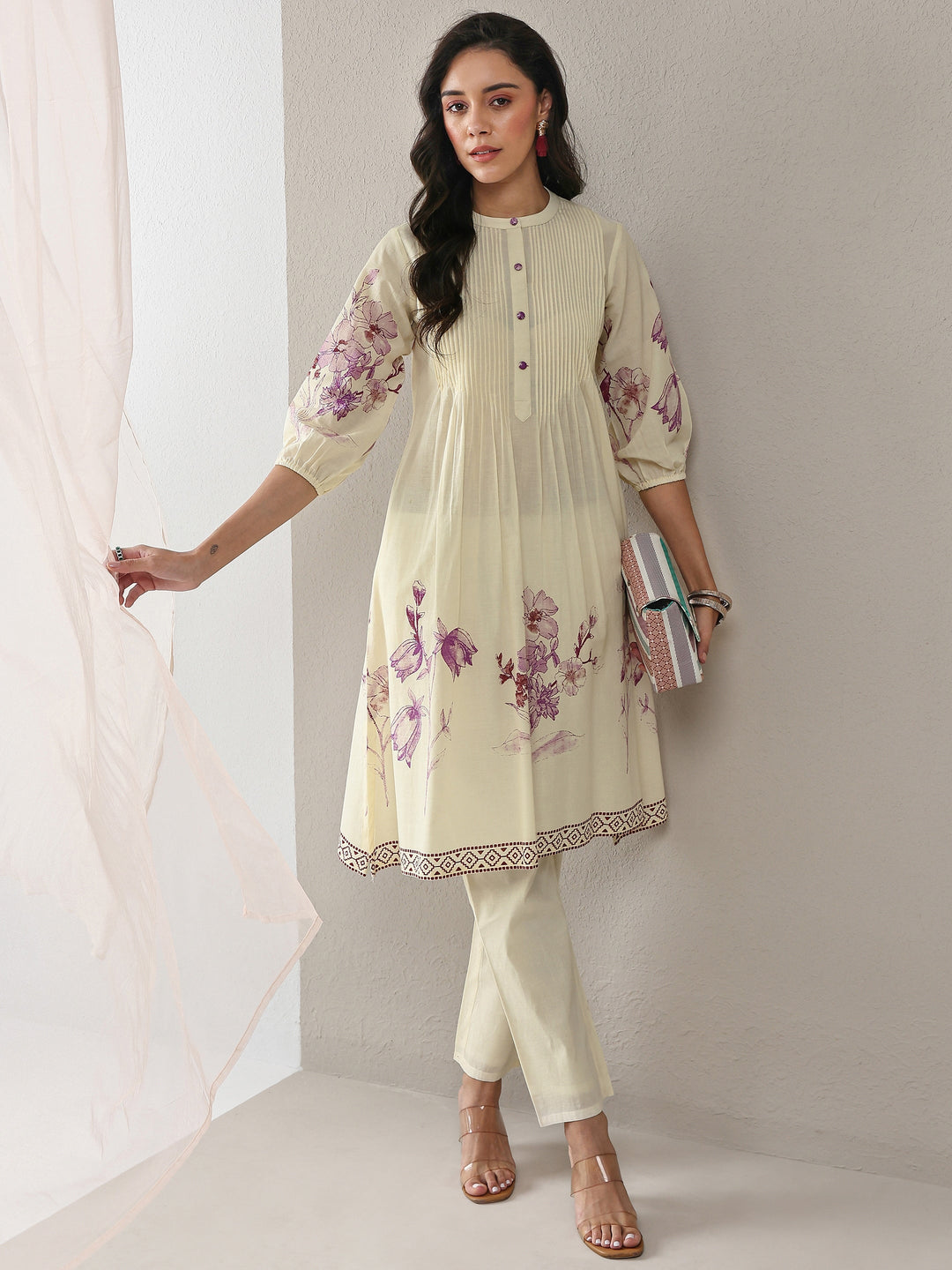 Off White Floral Printed Cotton A-Line Kurta Set