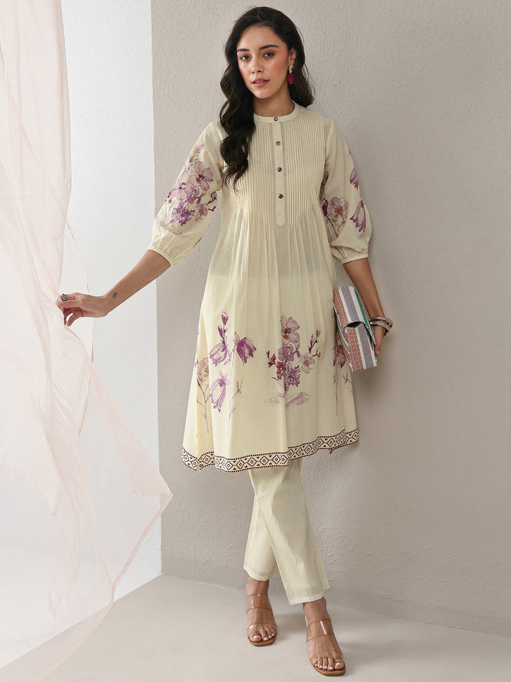 Off White Floral Printed Cotton A-Line Kurta Set
