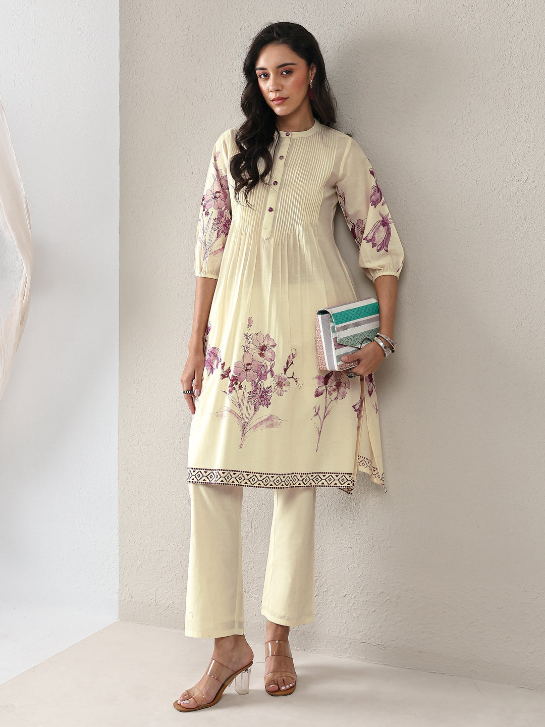 Off White Floral Printed Cotton A-Line Kurta Set
