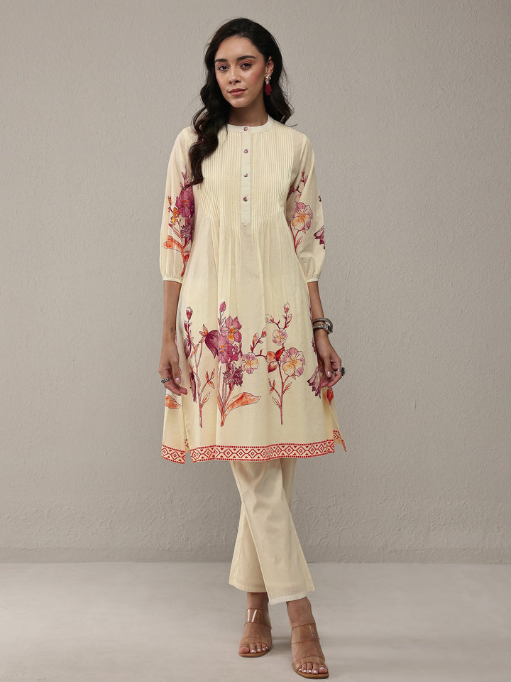 Libas Off White Floral Printed Cotton A-Line Kurta Set