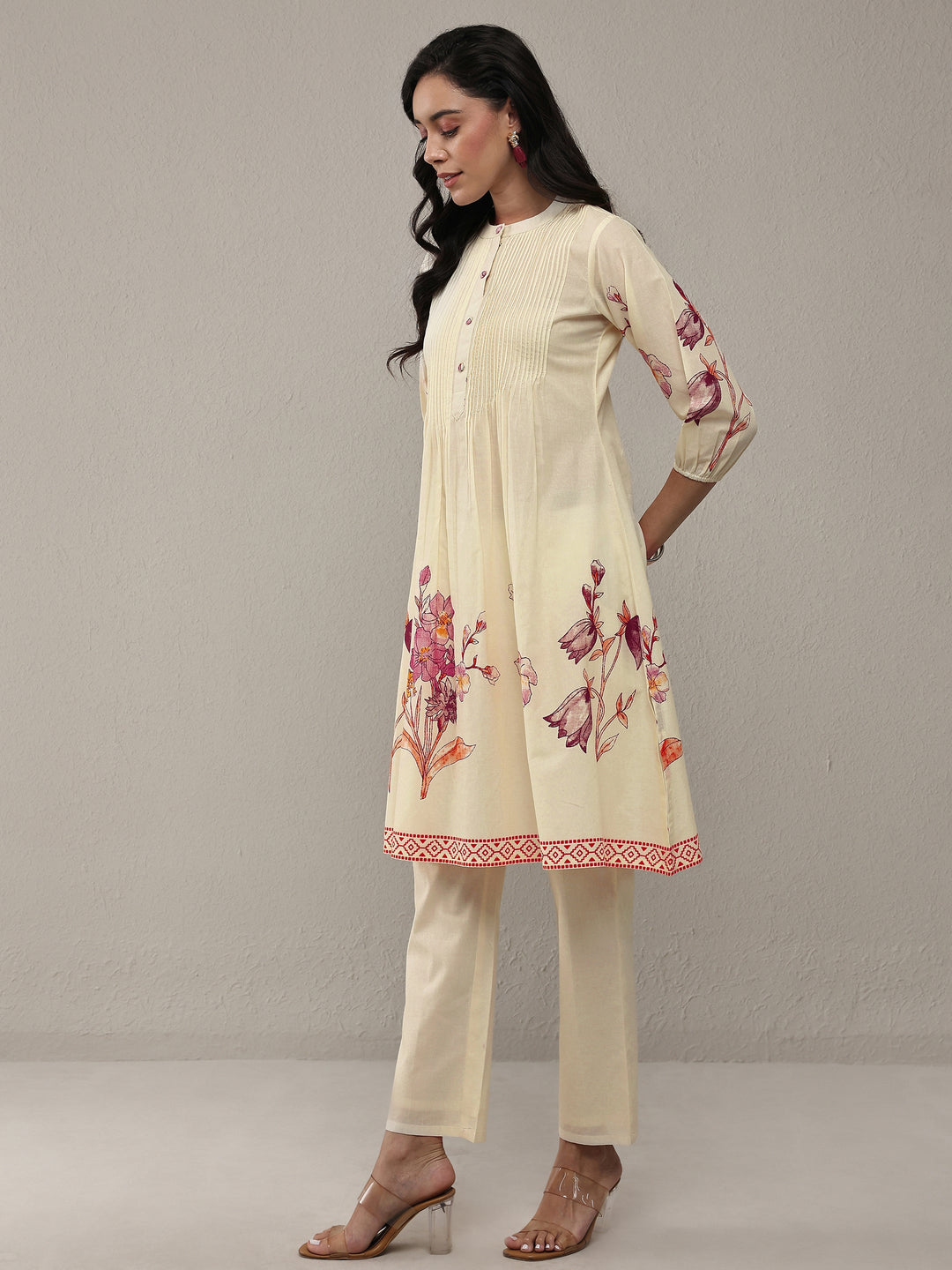 Libas Off White Floral Printed Cotton A-Line Kurta Set