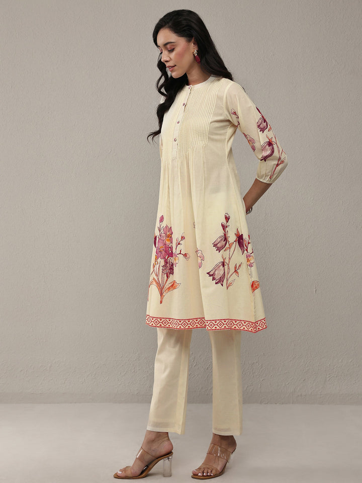 Libas Off White Floral Printed Cotton A-Line Kurta Set