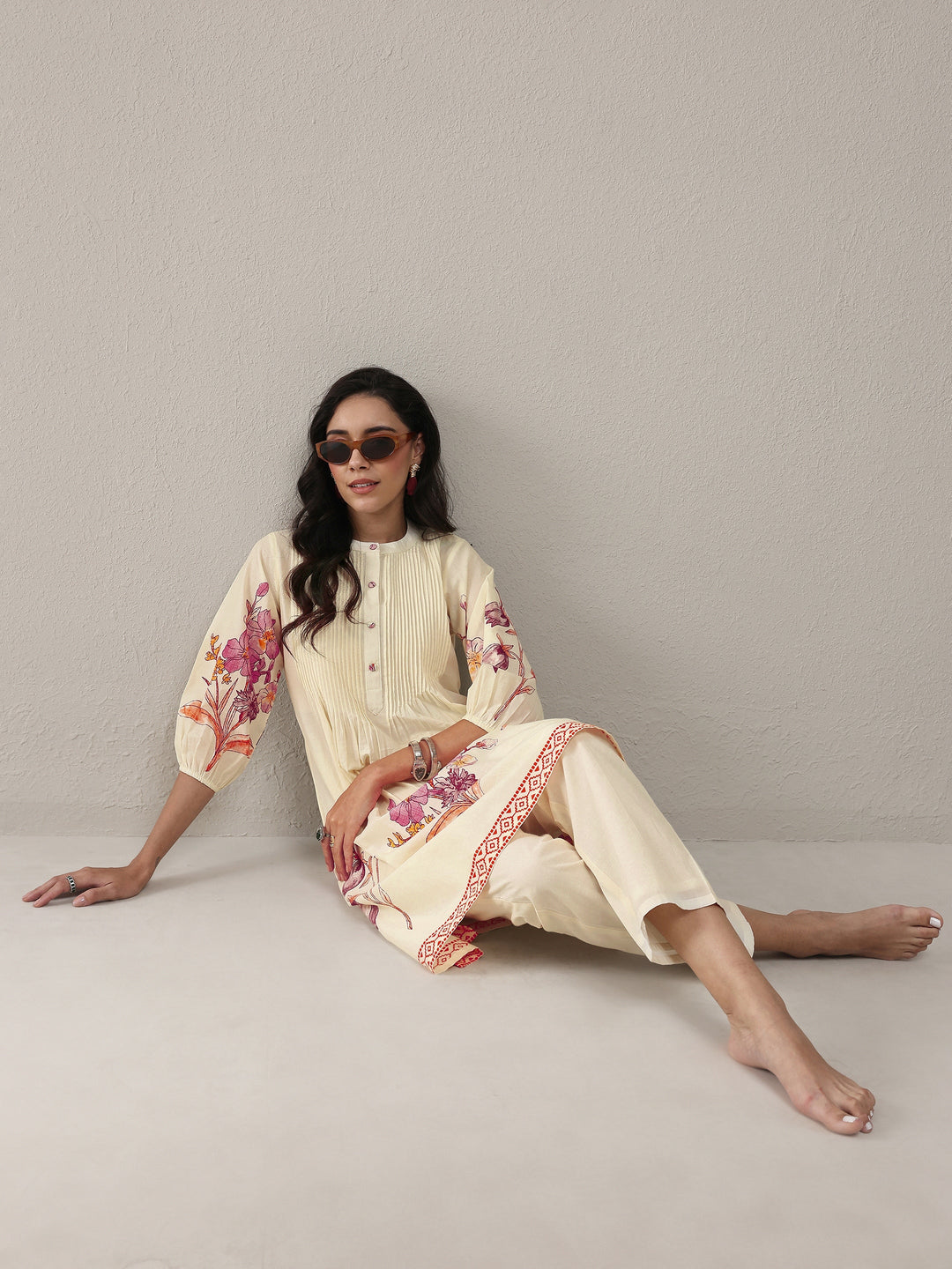 Libas Off White Floral Printed Cotton A-Line Kurta Set