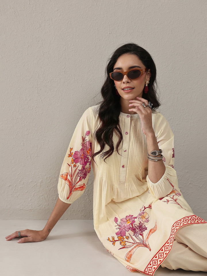 Libas Off White Floral Printed Cotton A-Line Kurta Set