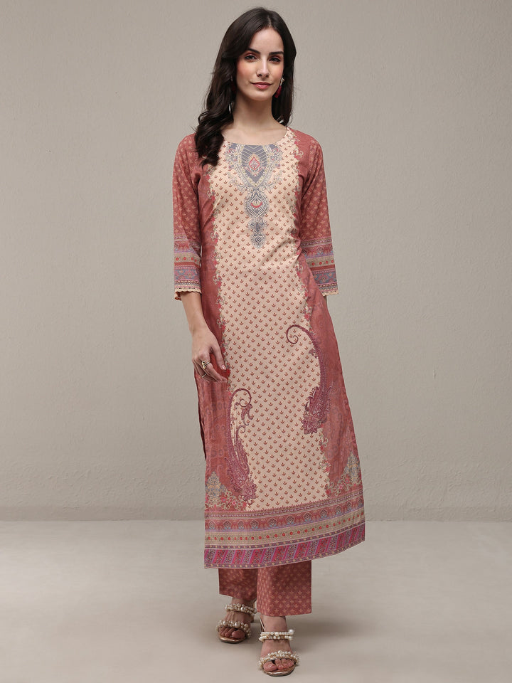 Rust Ethnic Printed Cotton Straight Kurta Set