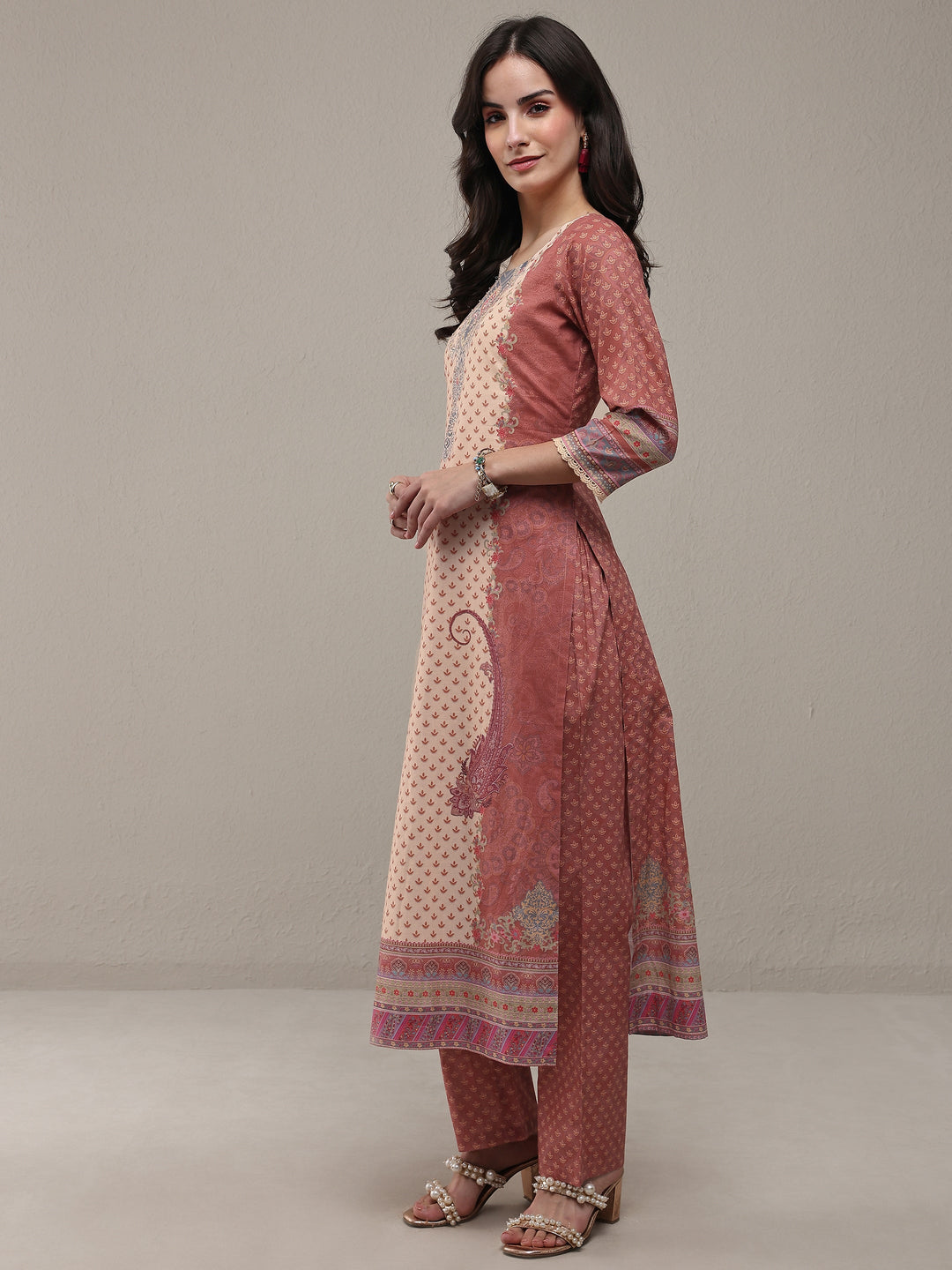 Rust Ethnic Printed Cotton Straight Kurta Set