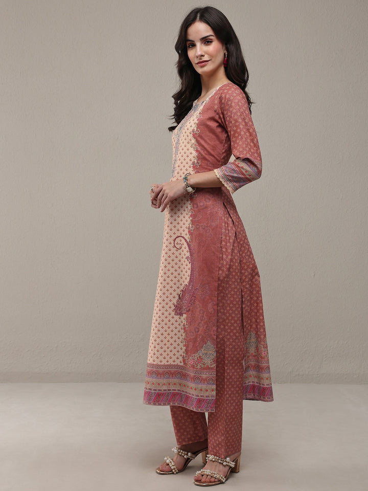 Rust Ethnic Printed Cotton Straight Kurta Set