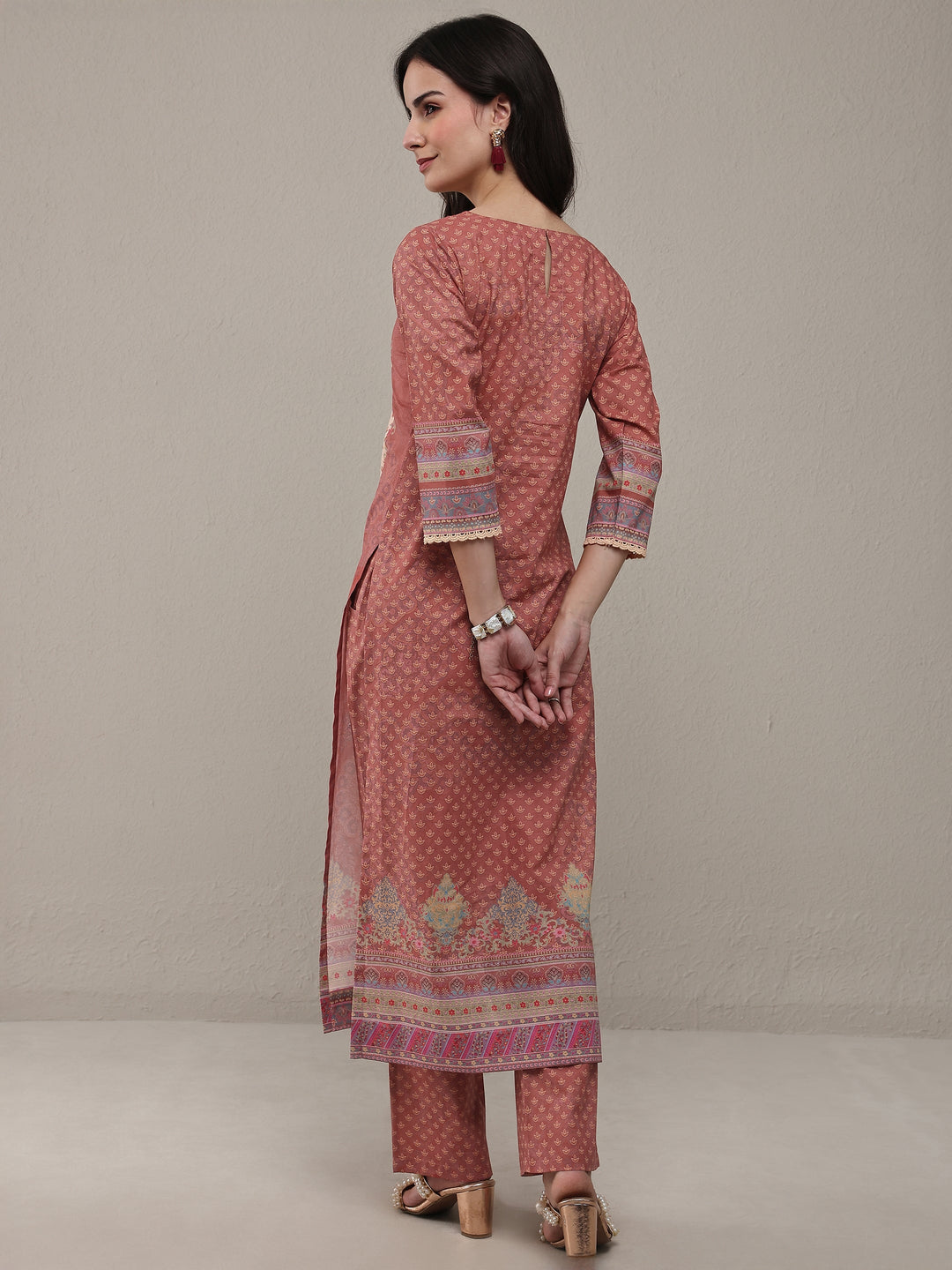Rust Ethnic Printed Cotton Straight Kurta Set