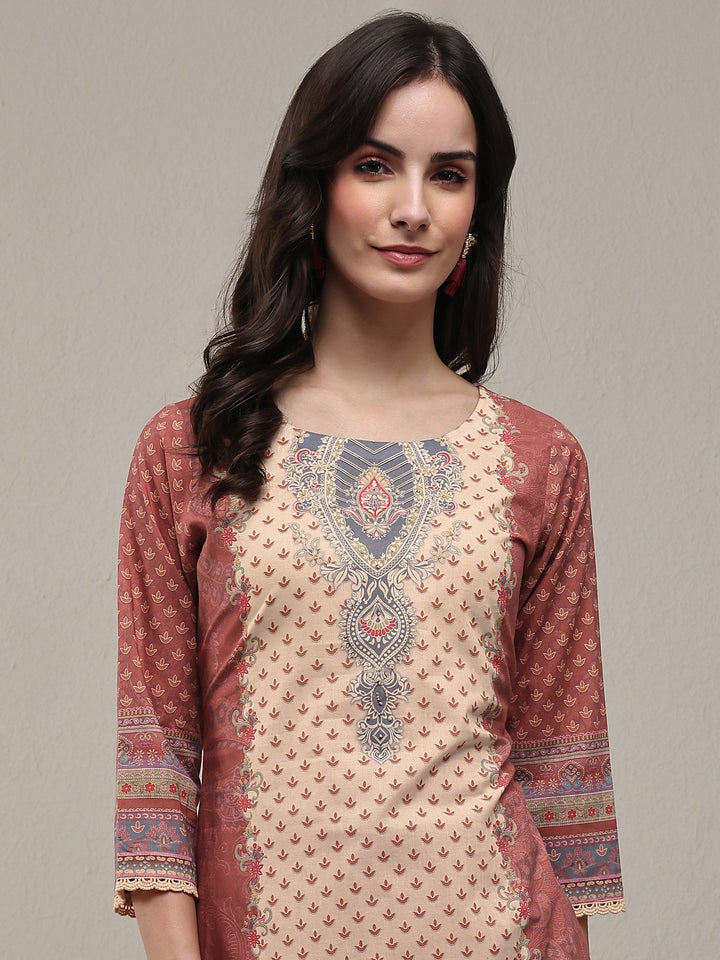 Rust Ethnic Printed Cotton Straight Kurta Set