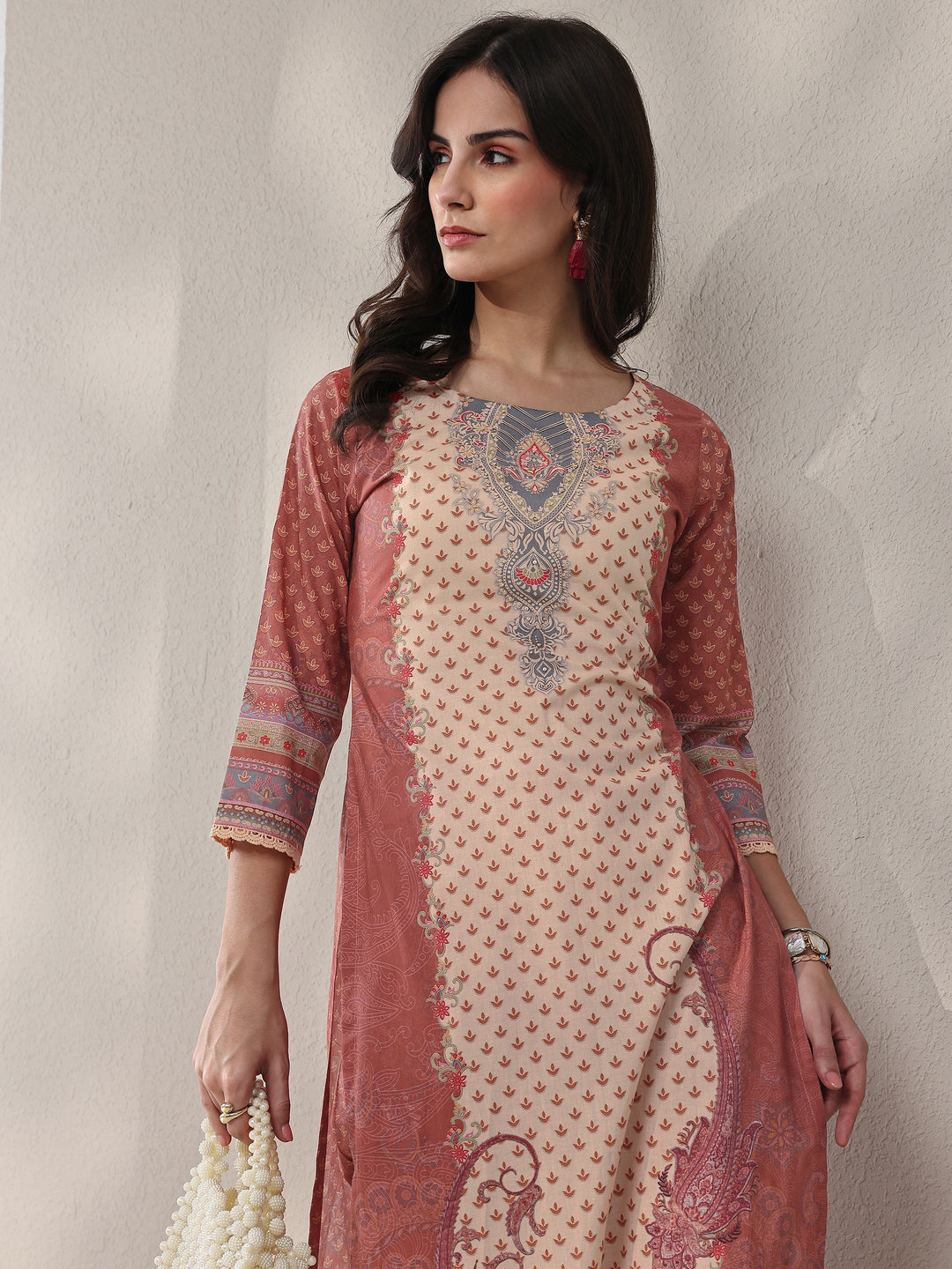 Rust Ethnic Printed Cotton Straight Kurta Set