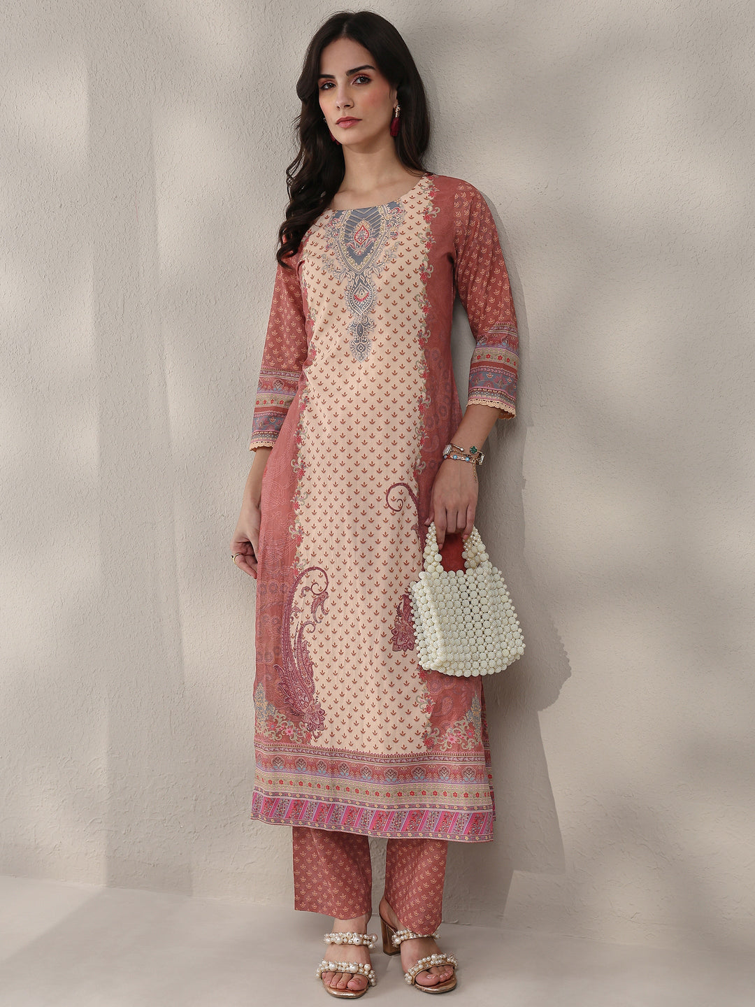 Rust Ethnic Printed Cotton Straight Kurta Set