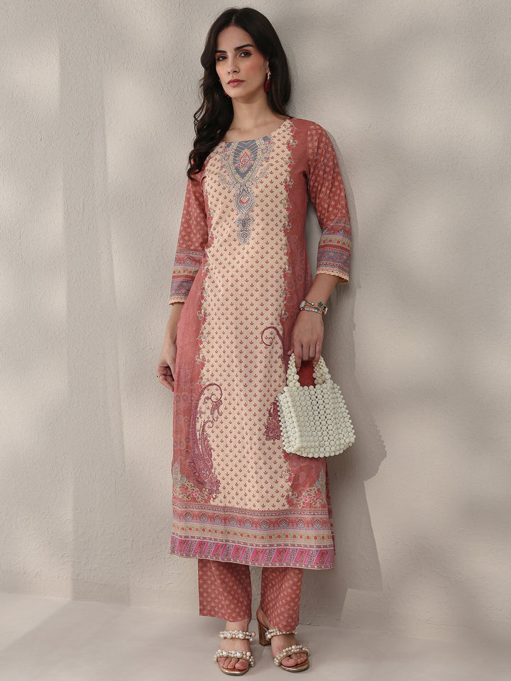 Rust Ethnic Printed Cotton Straight Kurta Set