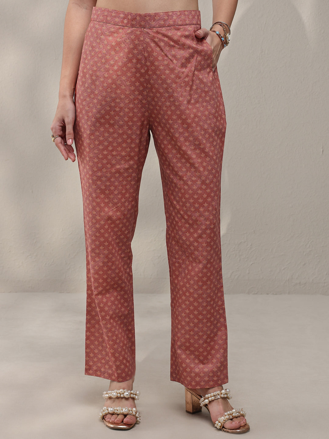 Rust Ethnic Printed Cotton Straight Kurta Set