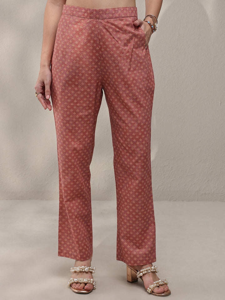 Rust Ethnic Printed Cotton Straight Kurta Set