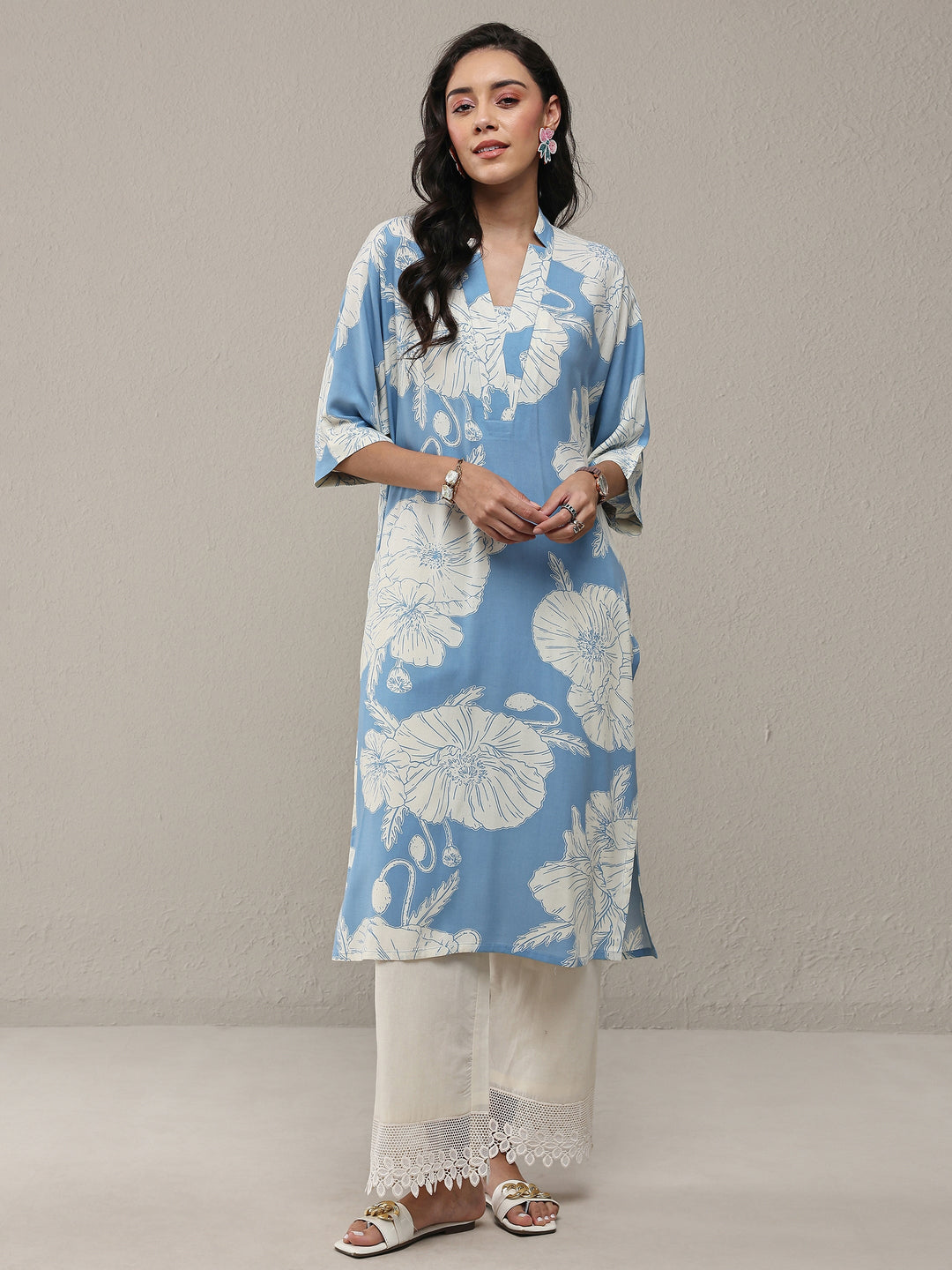 Blue Floral Printed Rayon Straight Kurta Set
