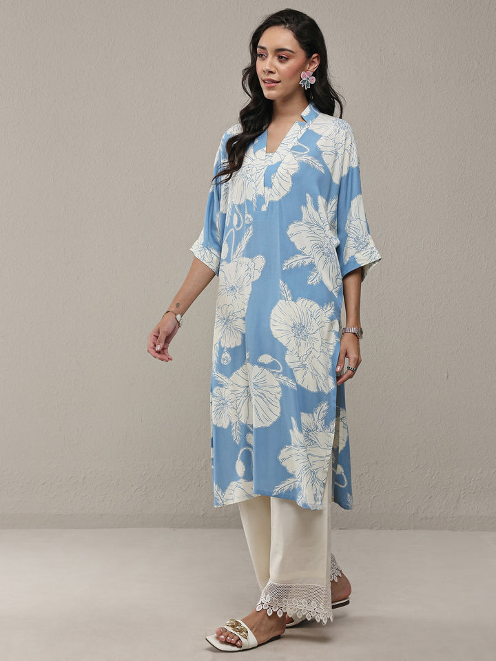 Blue Floral Printed Rayon Straight Kurta Set