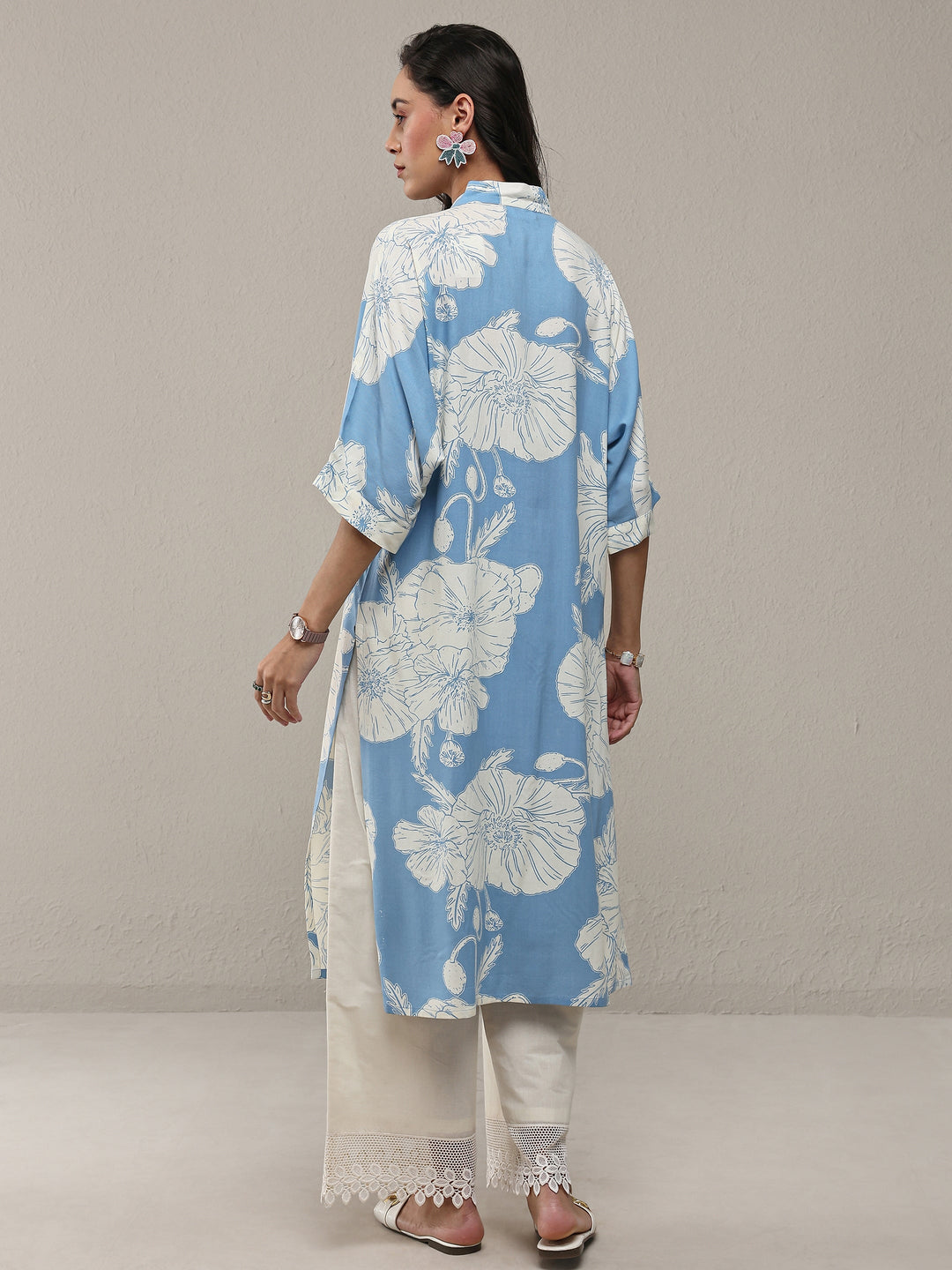 Blue Floral Printed Rayon Straight Kurta Set