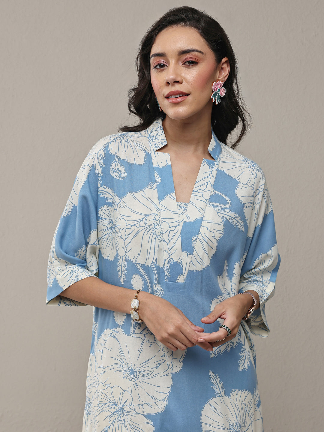 Blue Floral Printed Rayon Straight Kurta Set