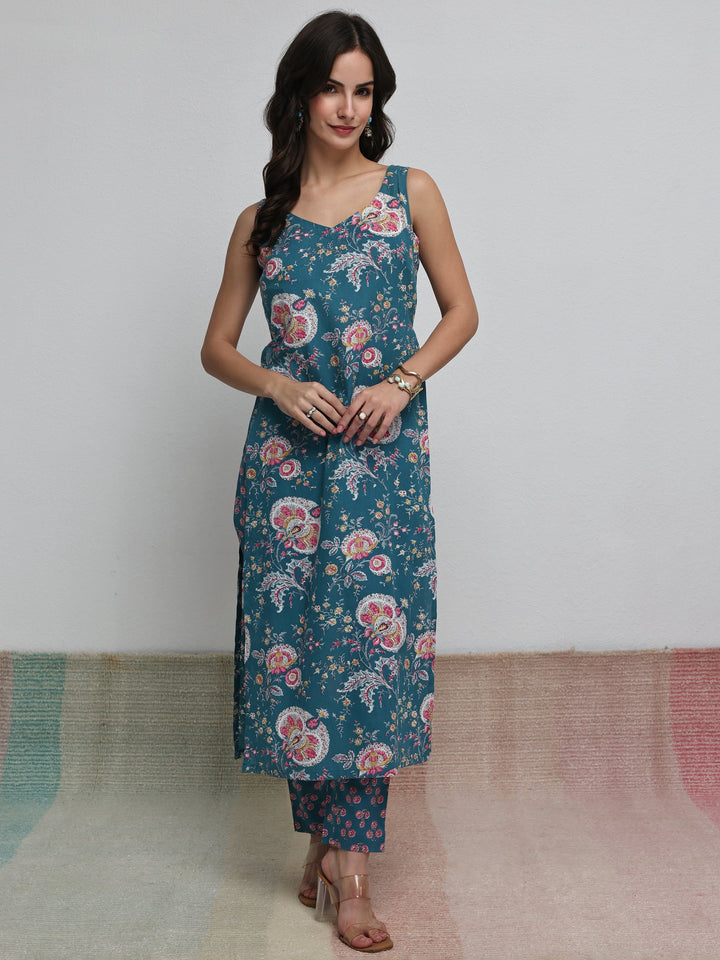 Teal Floral Printed Cotton Straight Kurta Set