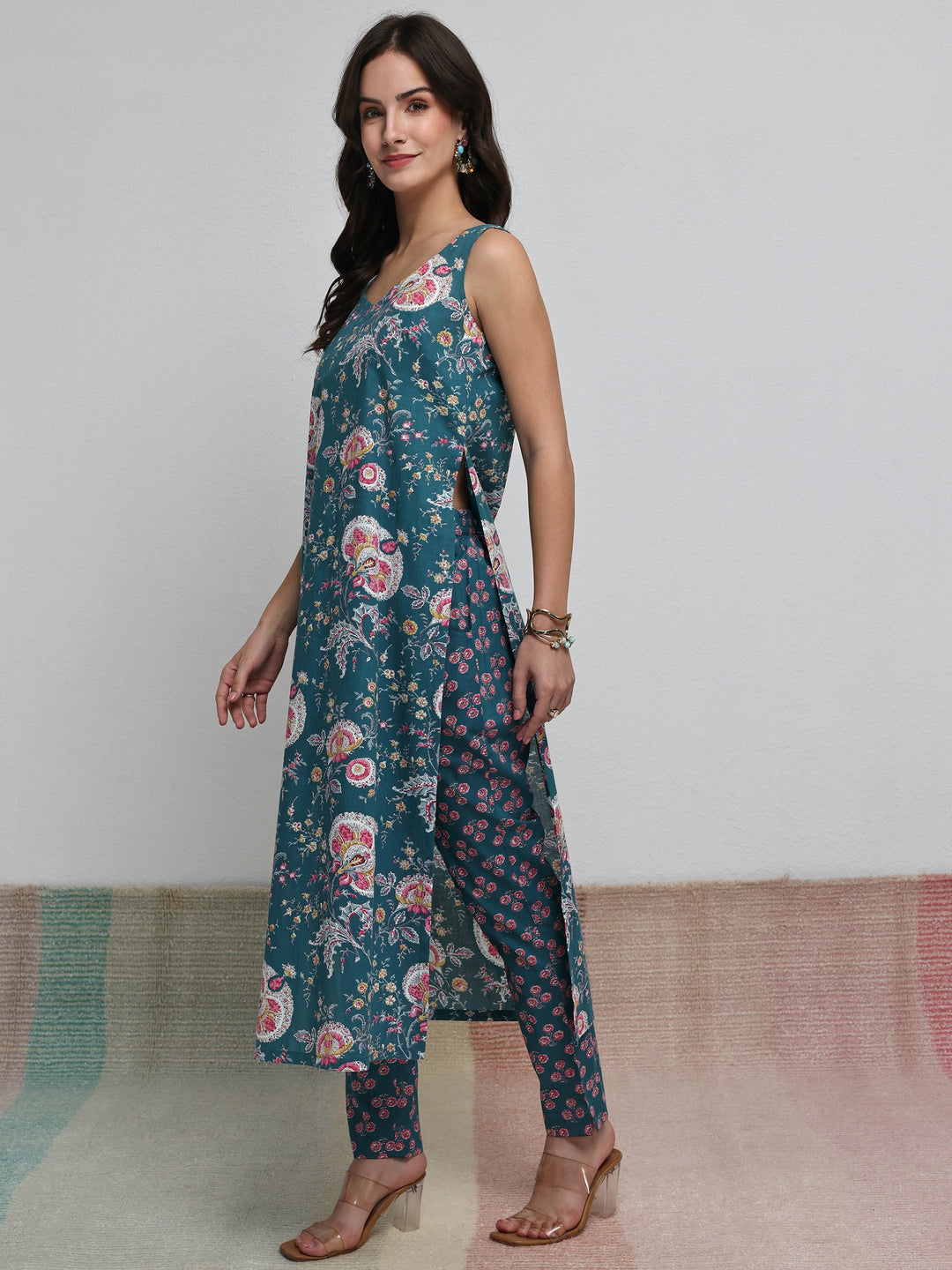 Teal Floral Printed Cotton Straight Kurta Set