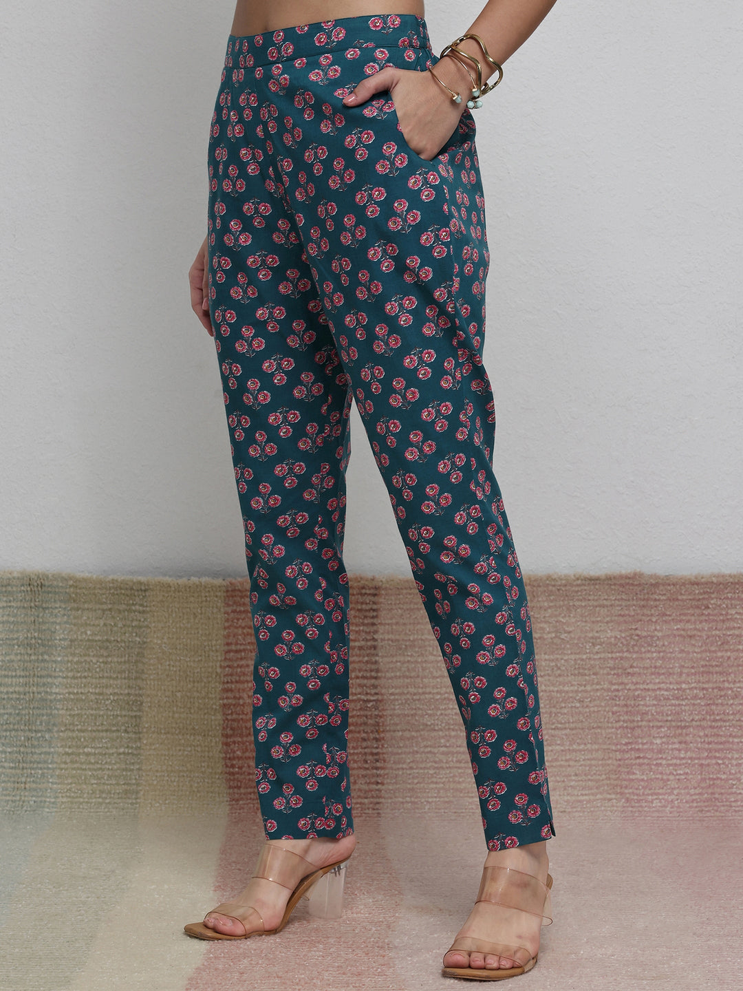 Teal Floral Printed Cotton Straight Kurta Set