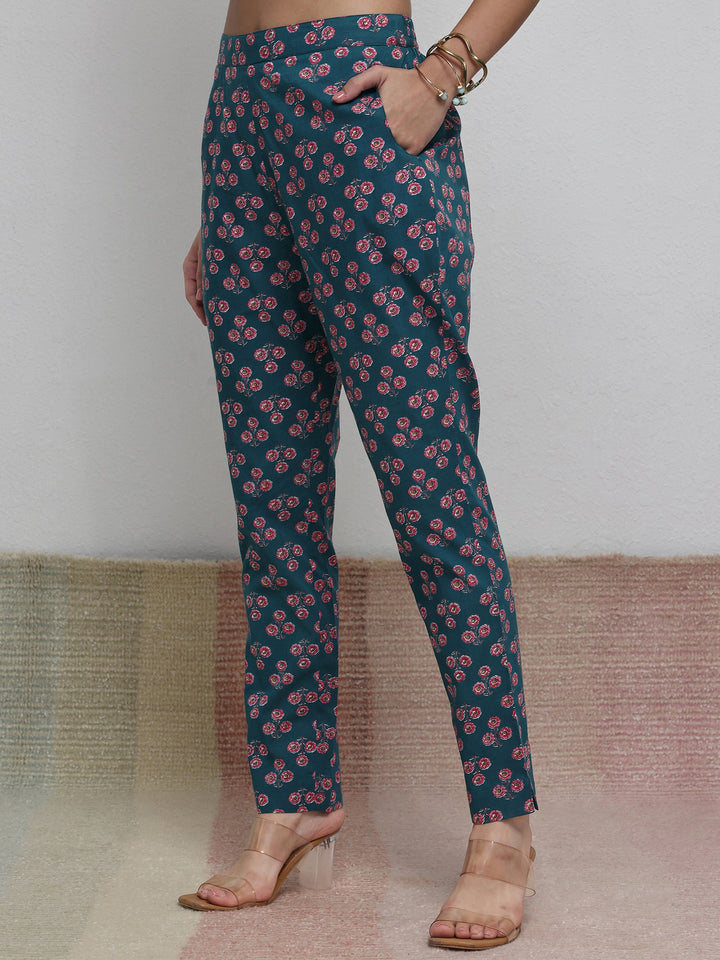Teal Floral Printed Cotton Straight Kurta Set