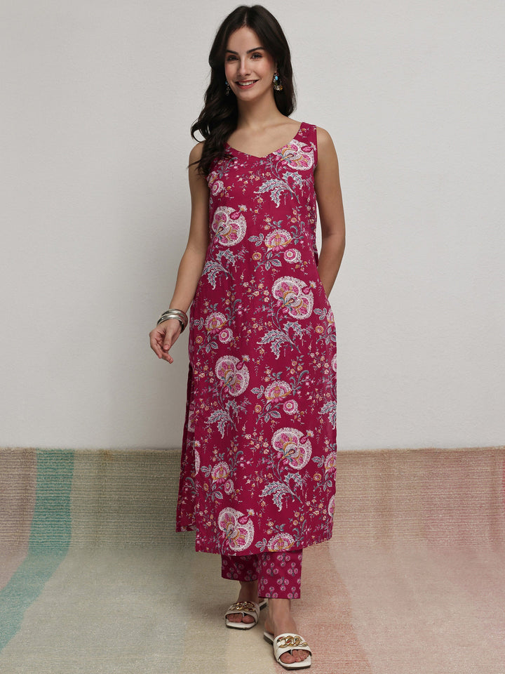 Red Floral Printed Cotton Straight Kurta Set